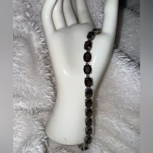 Vintage Signed 925 Silver Oval Cut Smoky Topaz Gemstones 7" Bracelet, 22.2g